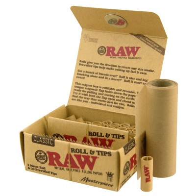 Raw Classic 3 Meters Rolls & 30 Prerolled Tips Masterpiece